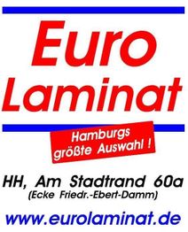 Euro Laminat Logo mit Adresse und URL in blau und rot, Hamburgs größte Auswahl hervorgehoben.