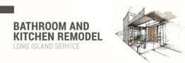Bathroom and kitchen remodel service ad with a sketch of modern interior design.