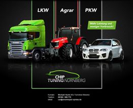 LKW, Traktor und PKW mit Chip-Tuning-Werbung, Text: "Mehr Leistung und weniger Verbrauch".