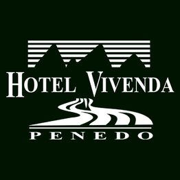 Logotipo do Hotel Vivenda Penedo em fundo escuro, com montanhas e estrada estilizadas.