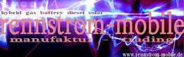 Schriftzug "rennstrom-mobile" mit Energie-Thema, Begriffe: Hybrid, Gas, Solar, Webseite unten.
