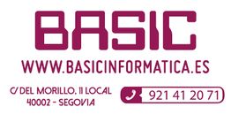 Texto de contacto de Basic Informática, incluye dirección, teléfono y sitio web en Segovia.