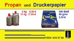 Propanflaschen und Druckerpapier mit Preisen; Kontaktdaten unten auf gelbem Hintergrund.