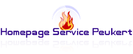 Logo: "Homepage Service Peukert" mit Flammensymbol in der Mitte, reflektiert.
