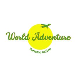 Logotipo de World Adventure con avión sobre sol amarillo y texto "Turismo activo" en verde.