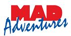 Text saying "MAD Adventures" in bold red and blue lettering on a white background.