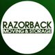Company logo: "Razorback Moving & Storage" in green text on a white circle background.