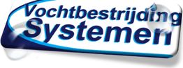 Logo met tekst: "Vochtbestrijding Systemen," blauwe letters en waterdruppelontwerp.