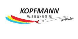 Logo für "Kopmann Malerfachbetrieb" mit Pinselstrich in Blau, Gelb, Rot und Pinselgrafik.