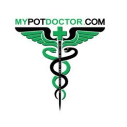 Caduceus symbol with "mypotdoctor.com" and a green cross at the top, featuring wings and snakes.