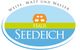 Logo des Hauses Seedeich mit Text: "Weite, Watt und Wasser" und einer Illustration eines Hauses.