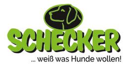 Logo mit grüner Schrift "Schecker" und einem Hundeumriss. Text: "...weiß was Hunde wollen!"