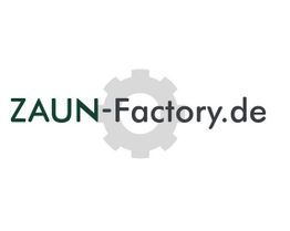 Logo mit dem Text „ZAUN-Factory.de“ vor einem stilisierten Zahnrad im Hintergrund.