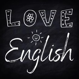 Texte en anglais sur fond noir : "LOVE English" avec dessins de fleur et soleil souriant.