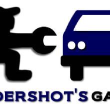 Silhouette of a mechanic with a wrench next to a blue car. Text below: "GARAGE".