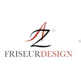 Logo mit den Buchstaben "AZ" und Text "Friseur Design" in Schwarz und Rot auf weißem Hintergrund.