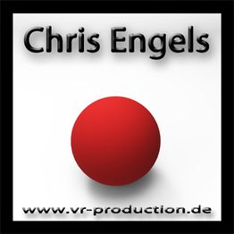 Roter Ball auf weißem Hintergrund, Text "Chris Engels", Website www.vr-production.de.