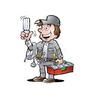 Desenho de um eletricista sorrindo, com uniforme e caixa de ferramentas na mão.