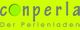 Logo: "conperla Der Perlenladen" auf hellgrünem Hintergrund mit grauer Schrift.