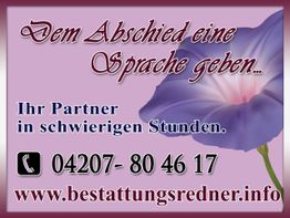 Lila Blume mit Text: "Dem Abschied eine Sprache geben. Ihr Partner in schwierigen Stunden."
