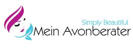Logo mit lila Gesicht und Text "Mein Avonberater" und "Simply Beautiful".