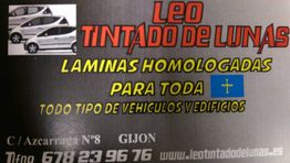 Anuncio de "Leo Tintado de Lunas" para láminas homologadas en vehículos y edificios en Gijón.
