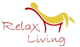 Logo mit einer entspannten Figur auf einem Stuhl und der Schrift "Relax Living" in Rot.