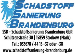 Schadstoffsanierung Brandenburg, Adresse und Telefonnummer, Webseite-Link sichtbar.