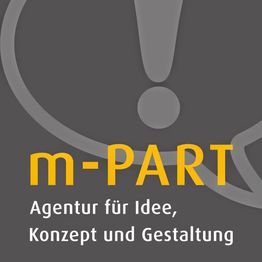 Logo: "m-PART, Agentur für Idee, Konzept und Gestaltung" auf grauem Hintergrund.