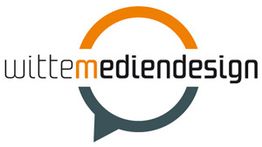 Logo mit Text "witte mediendesign", in Grau und Orange, mit kreisförmigem Designelement.