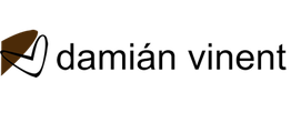 Logotipo con texto "damián vinent" y símbolo gráfico en marrón y negro.