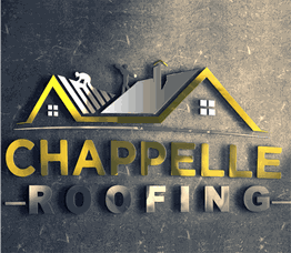 3D logo of Chappelle Roofing with roof design and worker silhouettes on textured background.