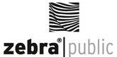 Logo mit Zebra-Muster, Text: "zebra public" in schwarz und grau.