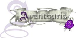 Banner mit Schriftzug "Aventouris", verziert mit violettem Wachssiegel und Ornamenten.