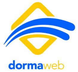 Logo von Dormaweb mit blauen Linien und gelber Raute. Darunter steht "dormaweb".