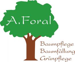 Grafik: Grüner Baum mit Text „A. Foral, Baumpflege, Baumfällung, Grünpflege“ in Braun und Weiß.