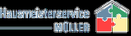 Logo von Hausmeisterservice Müller mit einem Haus aus Puzzleteilen in verschiedenen Farben.
