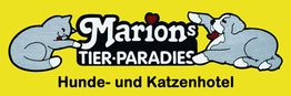 Logo von "Marions Tier-Paradies" mit Hund und Katze, gelber Hintergrund.