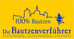 Gelbes Logo mit blauem Stadtbild und Text: "100% Bautzen. Die Bautzenverführer. Schlemmen...".