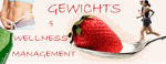 Frau misst Taille, Erdbeere auf Löffel, joggende Frau. Text: "Gewichts- & Wellness-Management".