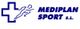 Logotipo con una cruz, figura corriendo y texto: "Mediplan Sport S.L." en azul.
