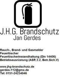 Firmenlogo und Kontaktdaten von J.H.G. Brandschutz Jan Gerdes mit Feuerlöscher-Symbol.