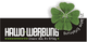 Schwarzes Logo mit "Hawo-Werbung" und grünem Kleeblatt, Text "Unsere Idee für Erfolg" darunter.