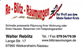 Visitenkarte von Re-Blitz Räumungen mit Kontaktinformationen und Festpreisgarantie.