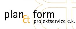 Logo mit Text "plan & form projektservice e.k." in Schwarz und Orange auf weißem Hintergrund.