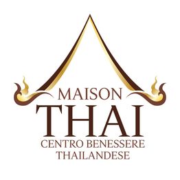 Logo di Maison Thai, centro benessere thailandese, con simbolo dorato stilizzato di un tempio.