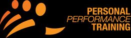 Logo met oranje figuren en tekst "Personal Performance Training" op zwarte achtergrond.