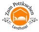 Logo von "Zum Pottkuchen" Landhotel: Orangener Kreis mit Bett und Dach, umgeben von Blättern.