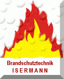 Flammenmotiv mit Wassertropfen und Text "Brandschutztechnik Isermann" auf weißem Hintergrund.