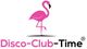 Ein rosa Flamingo steht über dem Text "Disco-Club-Time" auf weißem Hintergrund.